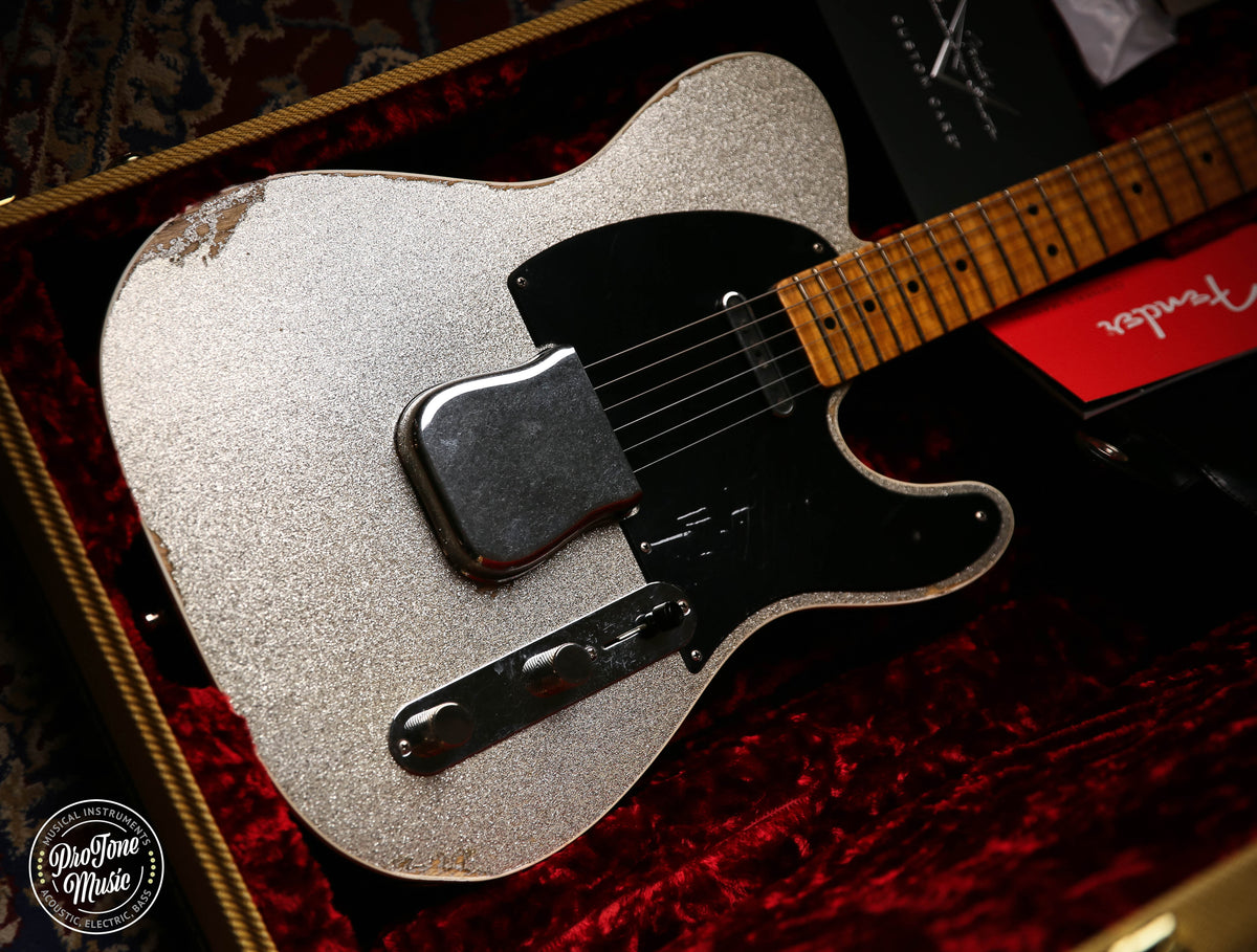 Fender Custom Shop Limited Double Esquire Relic Silver Sparkle &amp; Case &amp; Tags - ProTone Music