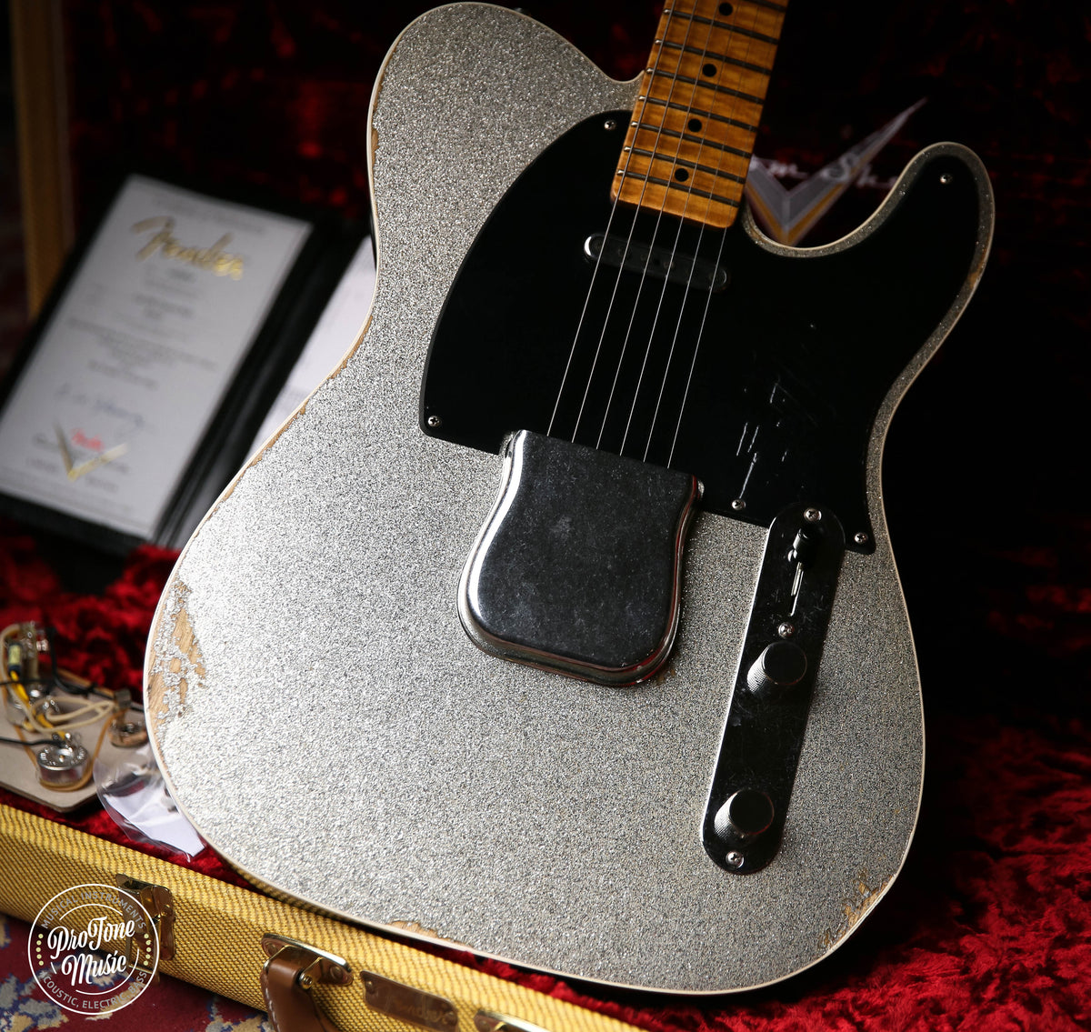 Fender Custom Shop Limited Double Esquire Relic Silver Sparkle &amp; Case &amp; Tags - ProTone Music