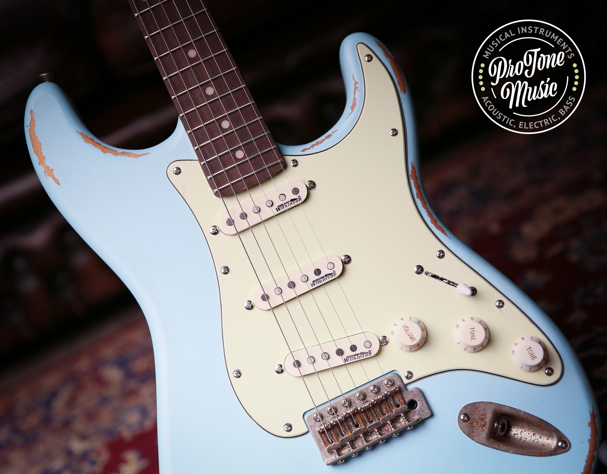 Vintage V6 ICON Electric Guitar Distressed Laguna Blue ProTone Music Limited